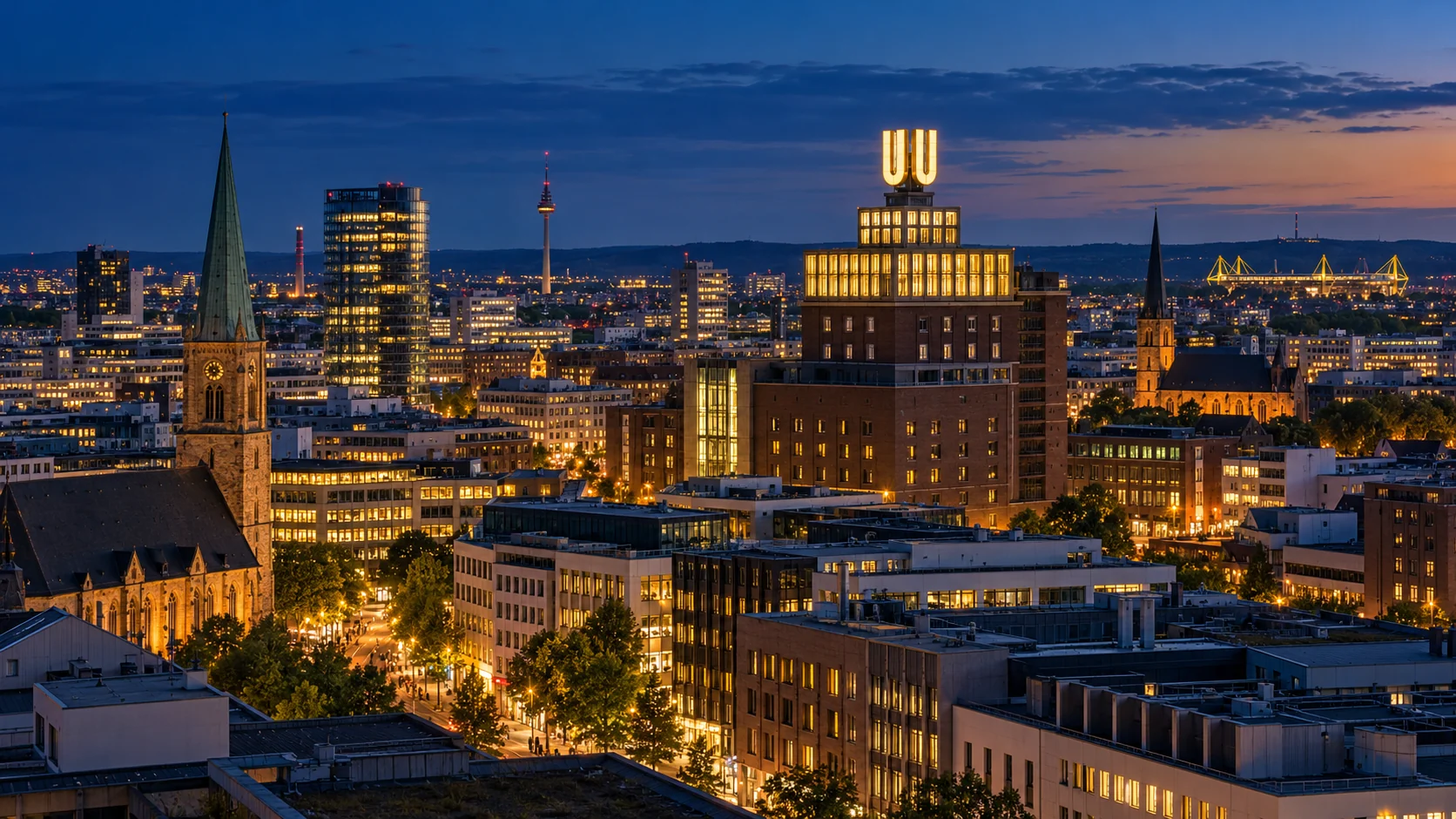 KI-generiertes redaktionelles Stimmungsbild der Dortmunder Skyline